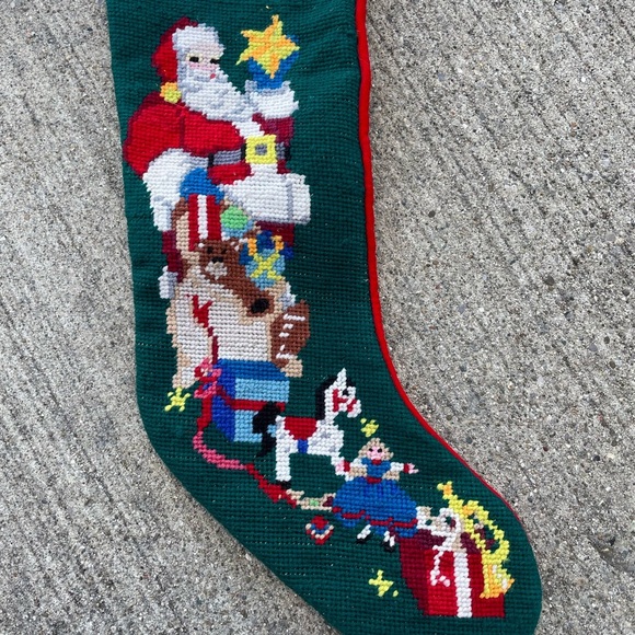 Vintage Needlepoint Cross stitch Tree Christmas Stocking Wool Velvet 20” Papa - Picture 3 of 4